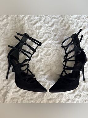 Schultz Black Suede Gladiator Stiletto Heel Pointed Toe Pumps